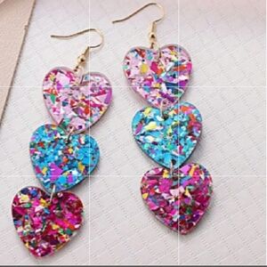 ADORABLE Crystal Heart Iridescent Dangle Drop Earrings  Stainless Earwires NEW